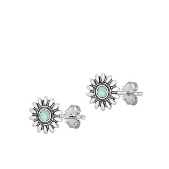 Sterling Silver White Lab Opal Flower Stud High Polished Earrings .925 New