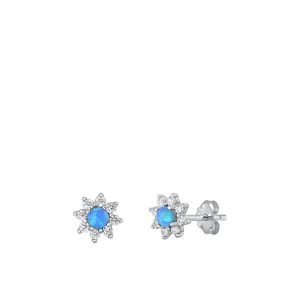 Sterling Silver Polished Fashion Blue Synthetic Opal Flower Earrings 925 New