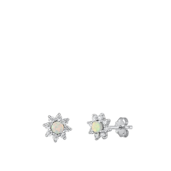 Sterling Silver Polished Sun White Synthetic Opal Cute Flower Earrings 925 New