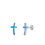 Sterling Silver Blue Lab Opal Cross Stud Christian Love Cute Earrings .925