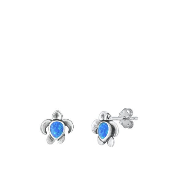 Sterling Silver Blue Lab Opal Sea Turtle Oxidized Stud Earrings .925 New