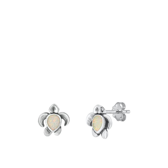 Sterling Silver White Lab Opal Sea Turtle Stud High Polished Earrings .925 New