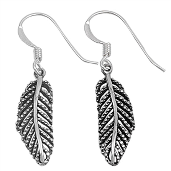 Sterling Silver Boho Feather Granulated Detail Cutout Leaf Earrings 925 New