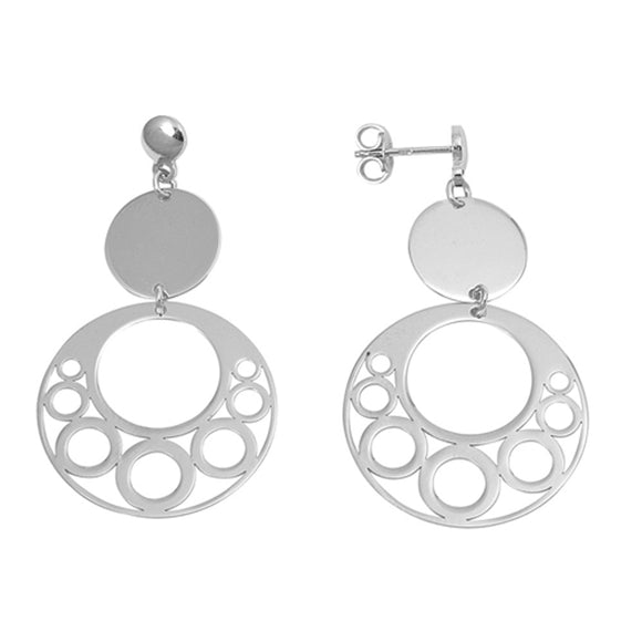 Sterling Silver Modern Circle Hoop Dangling Cutout Medallion Earrings 925 New