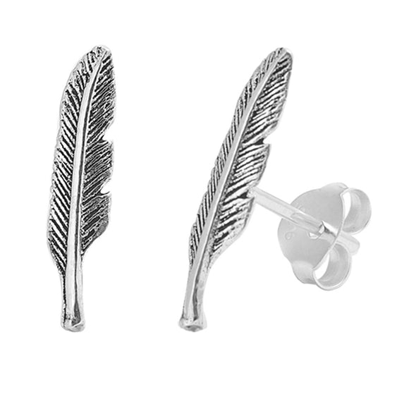 Nature Textured Feather Bohemian .925 Sterling Silver Boho Plume Festival Fashion Stud Earrings