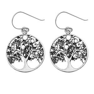 Sterling Silver Realistic Tree of Life Circle Medallion Leaf Branch Earrings 925