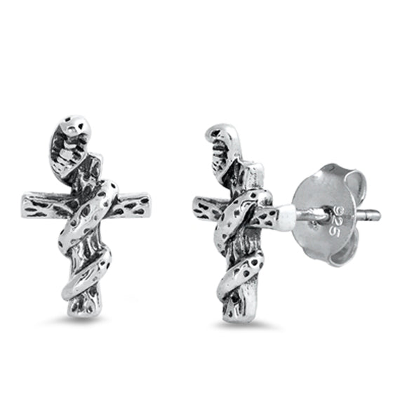 Sterling Silver Coiled Snake Cross Serpent Good vs Evil Stud Earrings 925 New