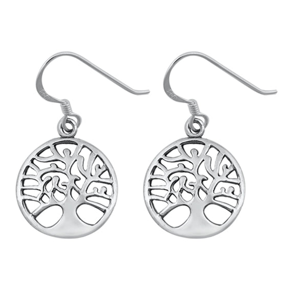 Sterling Silver Cutout Tree of Life Medallion Nature Circle Round Earrings 925
