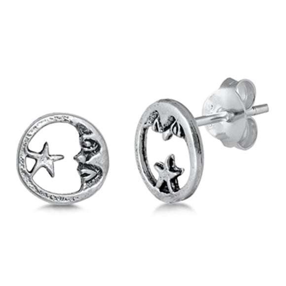 Sterling Silver Galaxy Crescent Moon Cutout Face Star Celestial Space Earrings