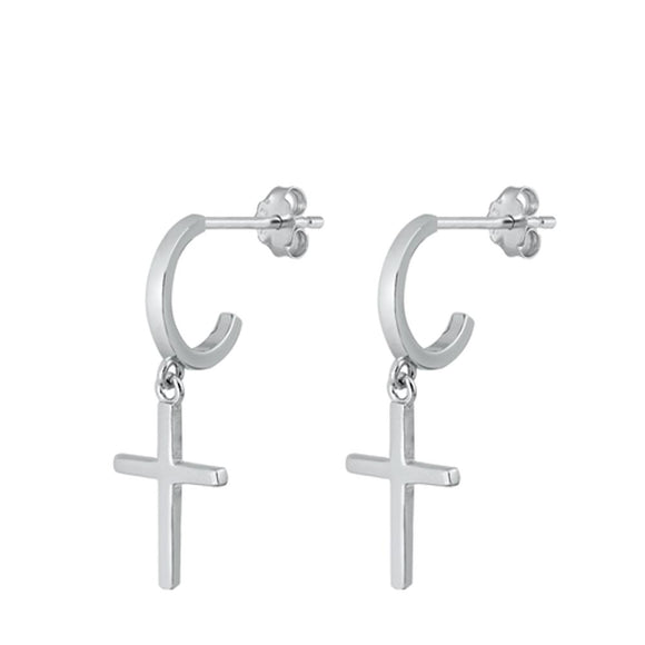 Sterling Silver High Polished Cross Dangle Huggie Fashion Earrings 925 New
