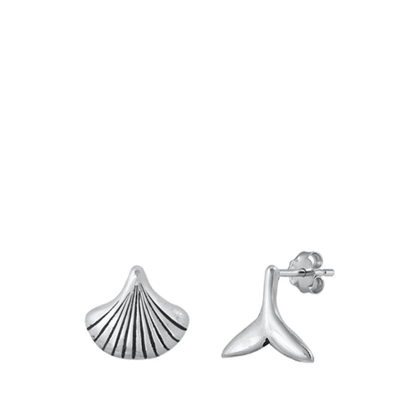 Trendy Oxidized Mismatched Set Seashells & Whale Tail Stud Earrings 925 New
