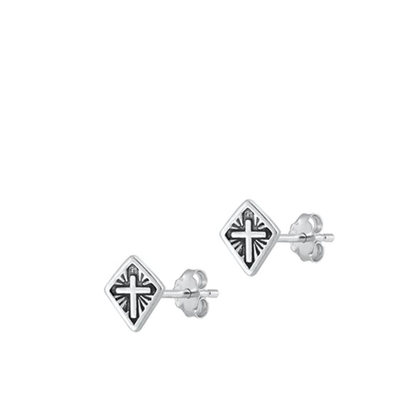 Sterling Silver Classic Diamond-Shape Oxidized High Polished Cross Earrings 925