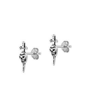 Sterling Silver Classic Creepy Skull Dagger Oxidized High Polished Earrings 925