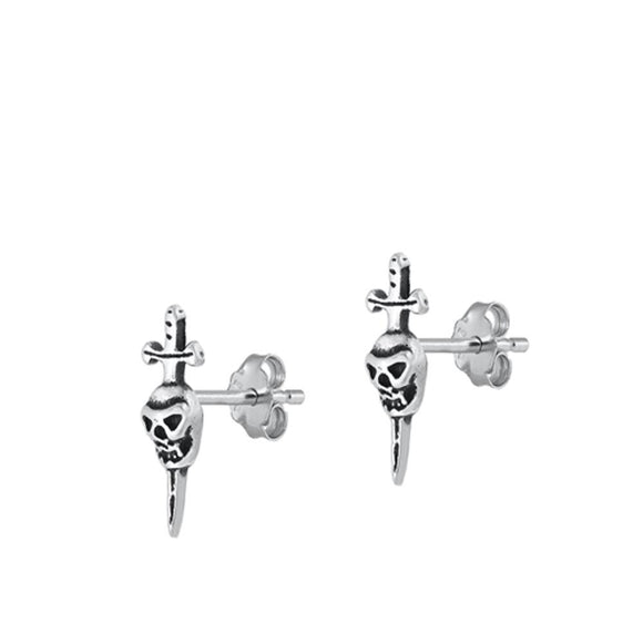 Sterling Silver Classic Creepy Skull Dagger Oxidized High Polished Earrings 925