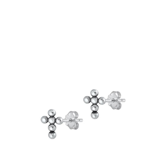 Oxidized Sterling Silver Cute Simple Retro Bead Ball Cross Stud Earrings 925 New