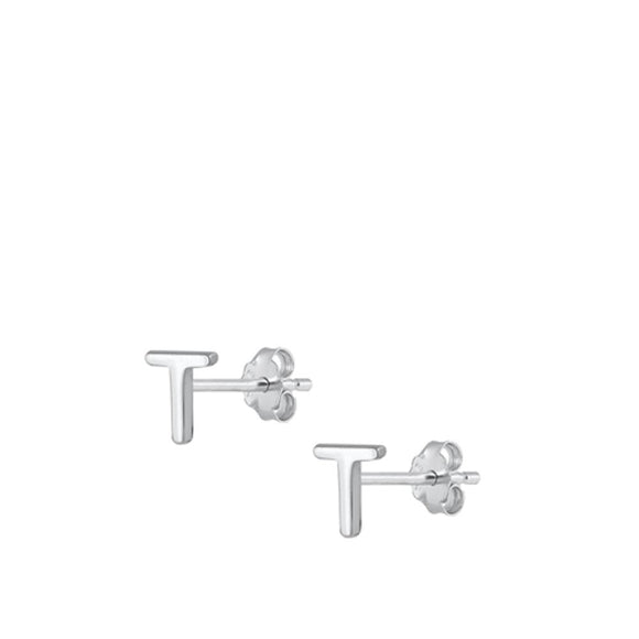 Sterling Silver High Polished Initial T Stud Letter Earrings 925 New