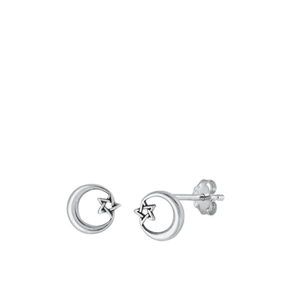 Sterling Silver Cute Oxidized Pentagram Star Crescent Moon Earrings 925 New
