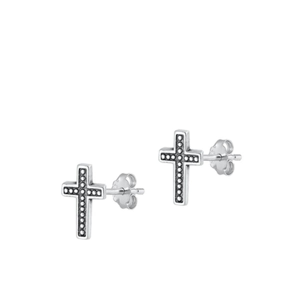 Oxidized Sterling Silver Cross Dot Design Religious Stud Earrings 925 New