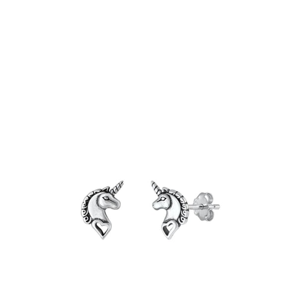 Oxidized Sterling Silver Mini Unicorn Fantasy Stud Polished Earrings 925 New