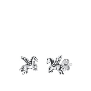 Sterling Silver Classic Cute Flying Pegasus Oxidized High Polished Earrings 925