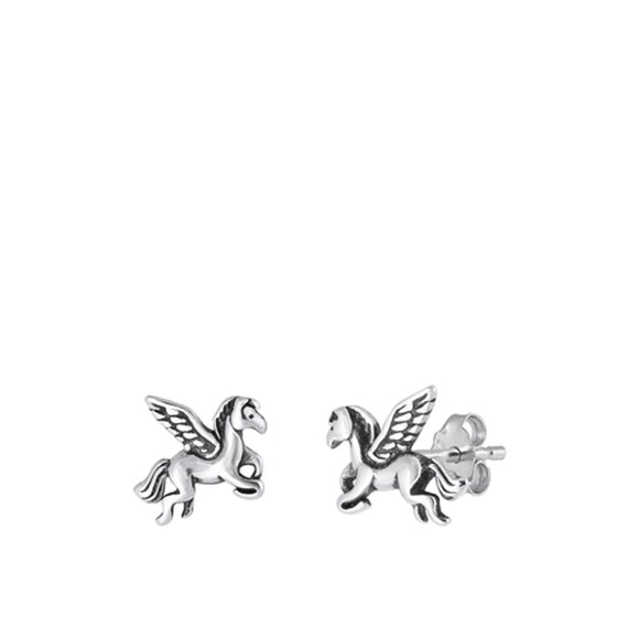 Sterling Silver Classic Cute Flying Pegasus Oxidized High Polished Earrings 925