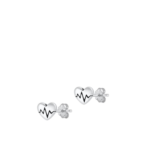 Heartbeat EKG Heart Stud Earrings Sterling Silver Oxidized Push Back 925 New