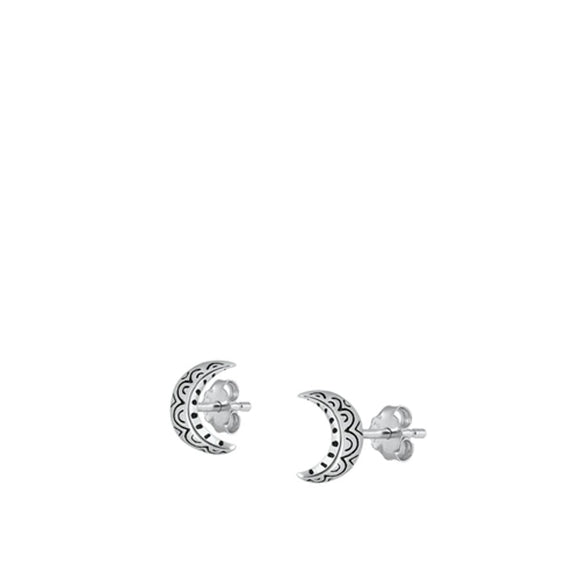 Sterling Silver Cute Ornate Bali Style Crescent Moon High Polished Earrings 925