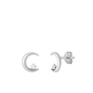 Sterling Silver High Polished Moon & Star Stud Earrings 925 New Fashion