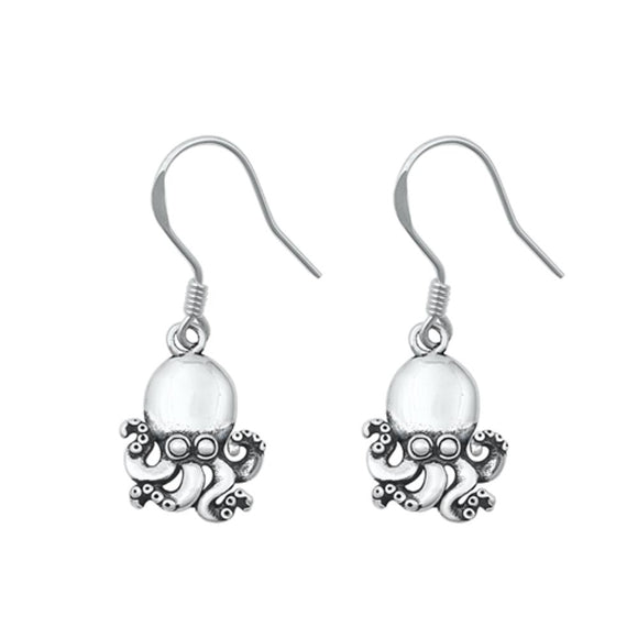 Sterling Silver Oxidized Octopus Hanging Hook Ocean Nautical Earrings .925