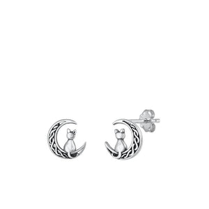 Sterling Silver Unique Cat Sitting on Celtic Moon Stud Earrings .925 New