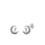Sterling Silver Unique Cat Sitting on Celtic Moon Stud Earrings .925 New