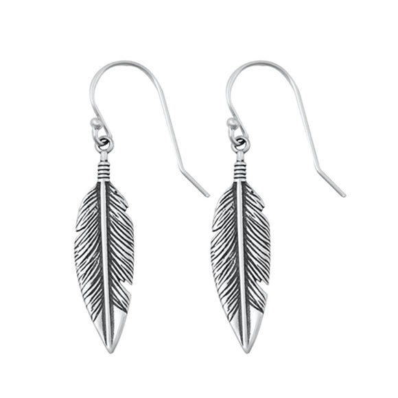 Sterling Silver Classic Feather Hook High Polished Oxidized Earrings .925 New