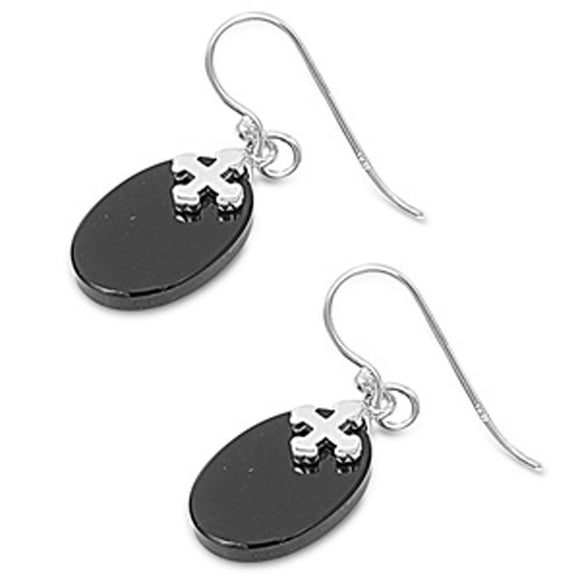 Cross Oval Earrings Black Simulated Onyx .925 Sterling Silver