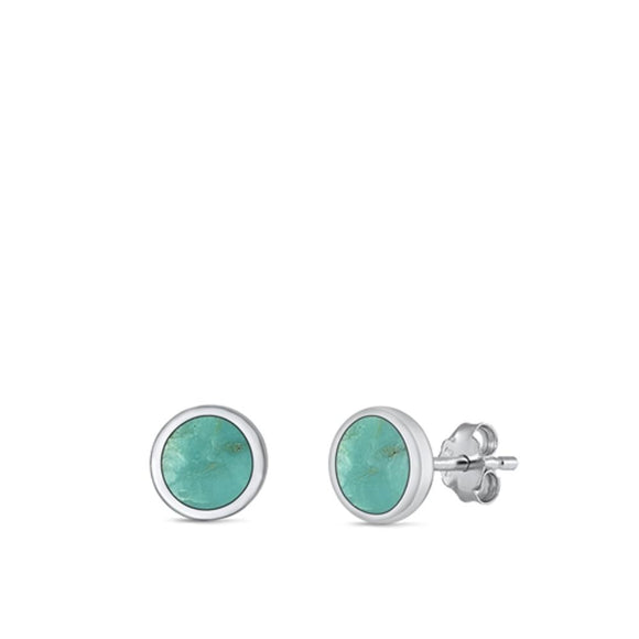 Sterling Silver High Polished Turquoise Circle Stud Earrings .925 New