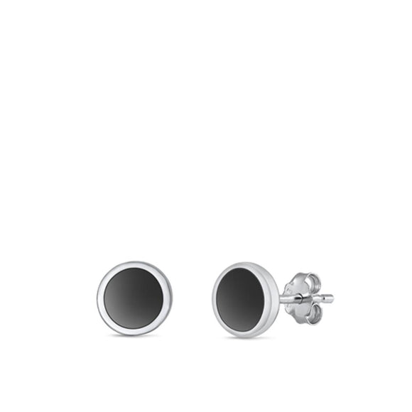 Sterling Silver Unique Black Agate Circle Stud High Polished Earrings 925 New