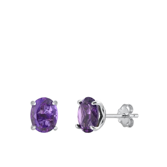 Sterling Silver Classic Oval Amethyst CZ Stud High Polished Earrings 925 New