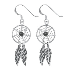Sterling Silver Oxidized Dreamcatcher Native American Feather Hook Earrings .925