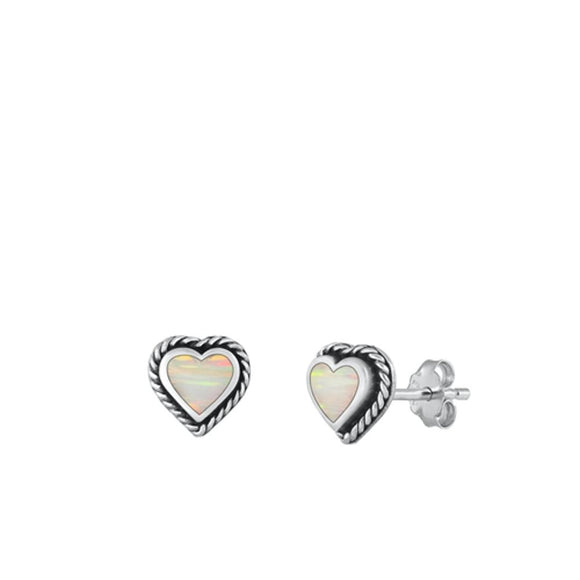 Sterling Silver Cute White Synthetic Opal Heart Stud Oxidized Earrings .925 New