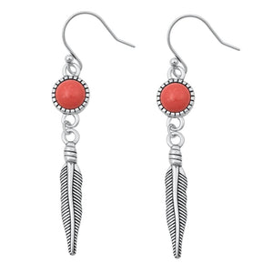 Sterling Silver Red Coral Feather Drop Hook Oxidized Polished Earrings .925 New