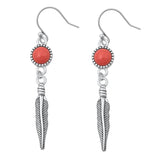 Sterling Silver Red Coral Feather Drop Hook Oxidized Polished Earrings .925 New