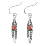 Sterling Silver Center Piece Red Carnelian Hanging Feather Hook Earrings 925 New