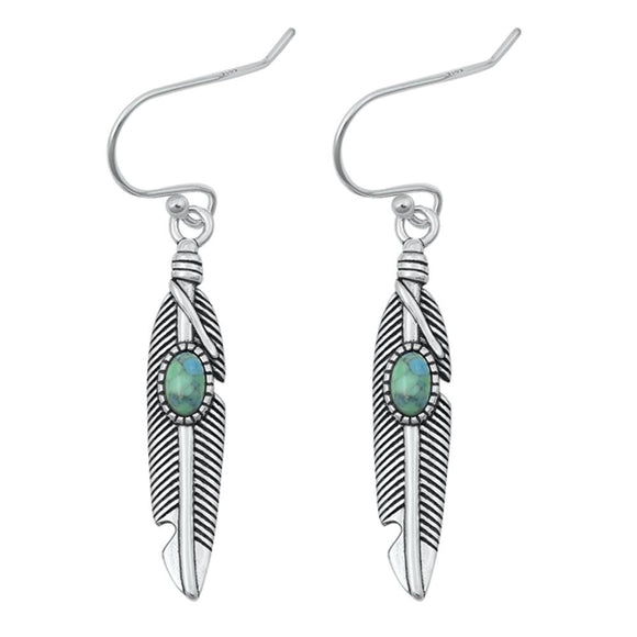 Sterling Silver Turquoise Oxidized Polished Feather Drop Hook Earrings .925 New