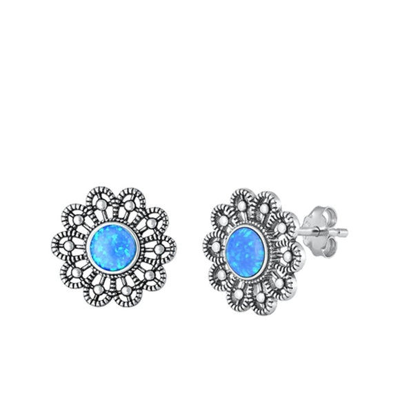Sterling Silver Polished Blue Synthetic Opal Victorian Flower Earrings .925 New