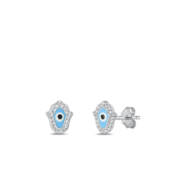 Sterling Silver Cute Clear CZ Hamsa Evil Eye High Polished Earrings .925 New