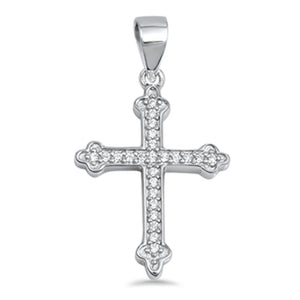 Studded Bud Cross Pendant Clear Simulated CZ .925 Sterling Silver Ornate Charm
