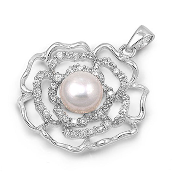 Studded Flower Outline Pendant Simulated Pearl .925 Sterling Silver Fancy Charm