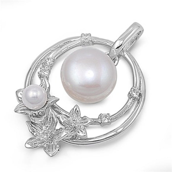 Triple Fantasy Flower Hoop Pendant Simulated Pearl .925 Sterling Silver Charm