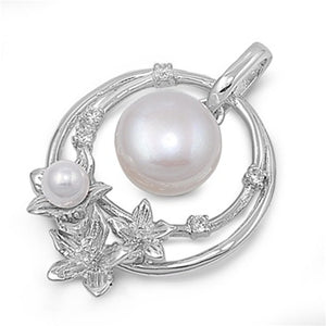 Triple Fantasy Flower Hoop Pendant Simulated Pearl .925 Sterling Silver Charm