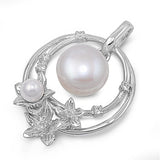 Triple Fantasy Flower Hoop Pendant Simulated Pearl .925 Sterling Silver Charm