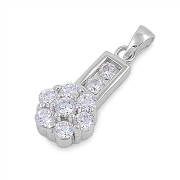 Sterling Silver Bold Studded Flower Rectangle Pendant Clear Simulated CZ Charm